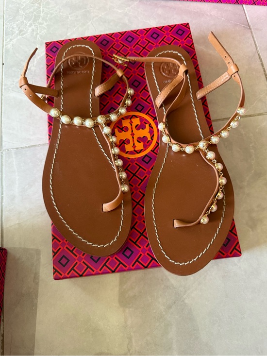 Tory Burch Shoes - Tory Burch Brown Leather Pearl-Embellished T-Strap Sandals